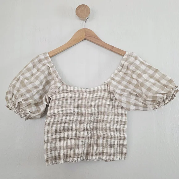 NEW Peixoto Smocked Cream and Tan Gingham Checkered Crop Top Large - Picture 10 of 10